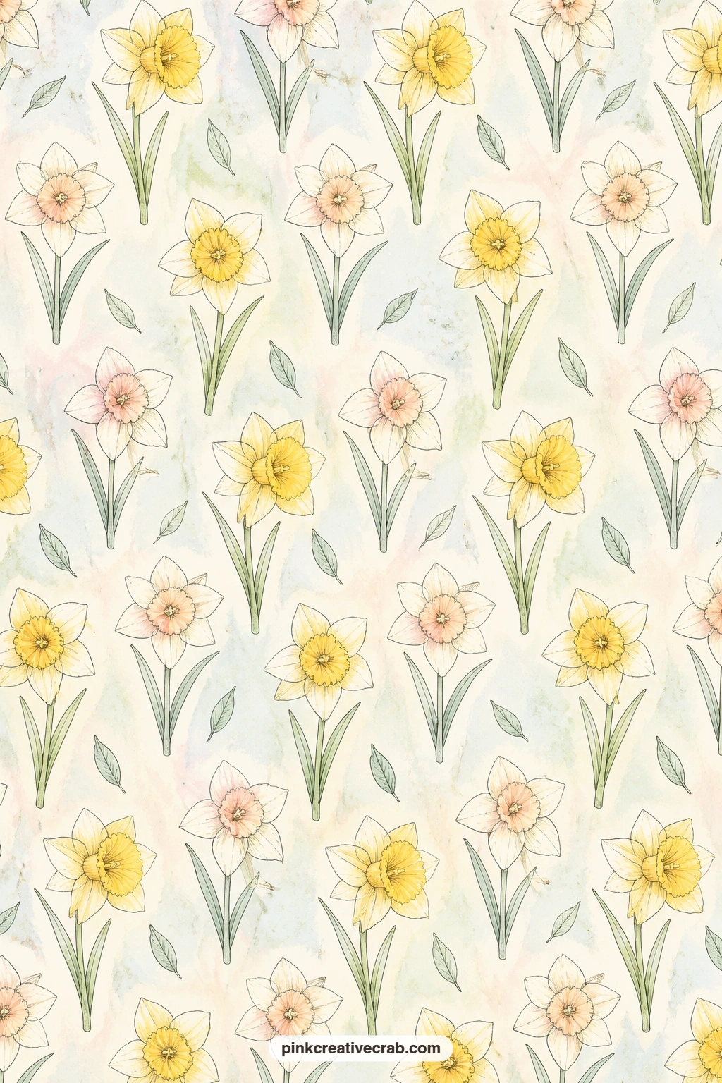 Trumpet Daffodils Sage Pattern printable page — Trumpet daffodil heads repeat in loose rows across a soft sage background. Daffodil junk journal
