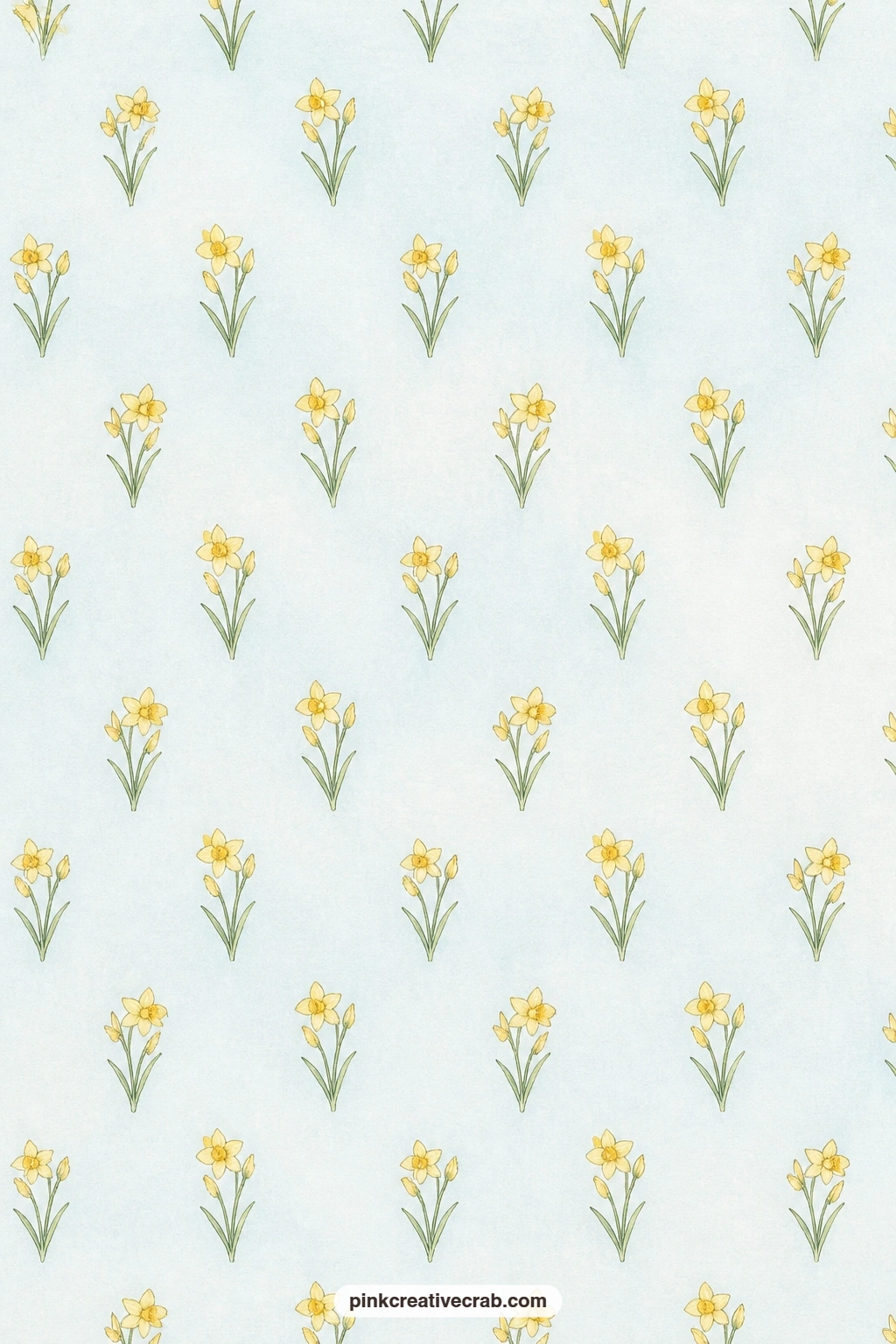 Daffodil Sprigs Pale Blue printable page — Little daffodil sprigs float evenly across pale blue paper from edge to edge. Daffodil junk journal