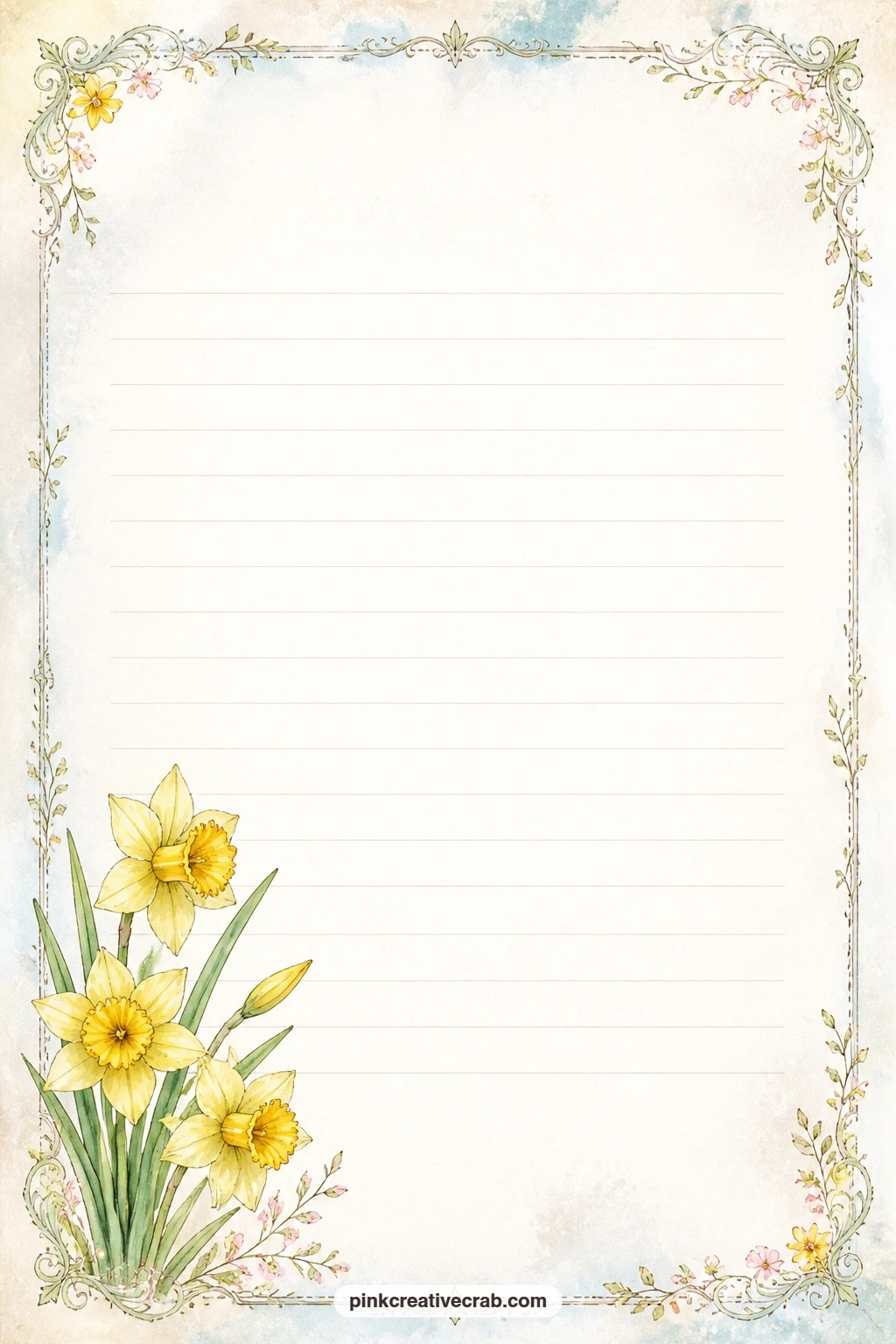 Daffodil Bunch Corner Lined Page printable page — A small daffodil bunch sits in the corner of ruled lines ready for writing. Daffodil junk journal