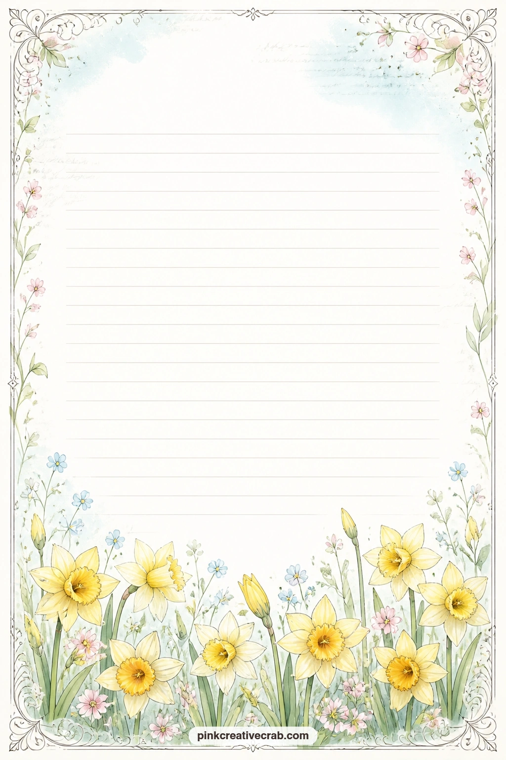 Daffodils Bottom Border Lined Page printable page — A row of daffodils runs along the bottom border beneath faint ruled lines. Daffodil junk journal