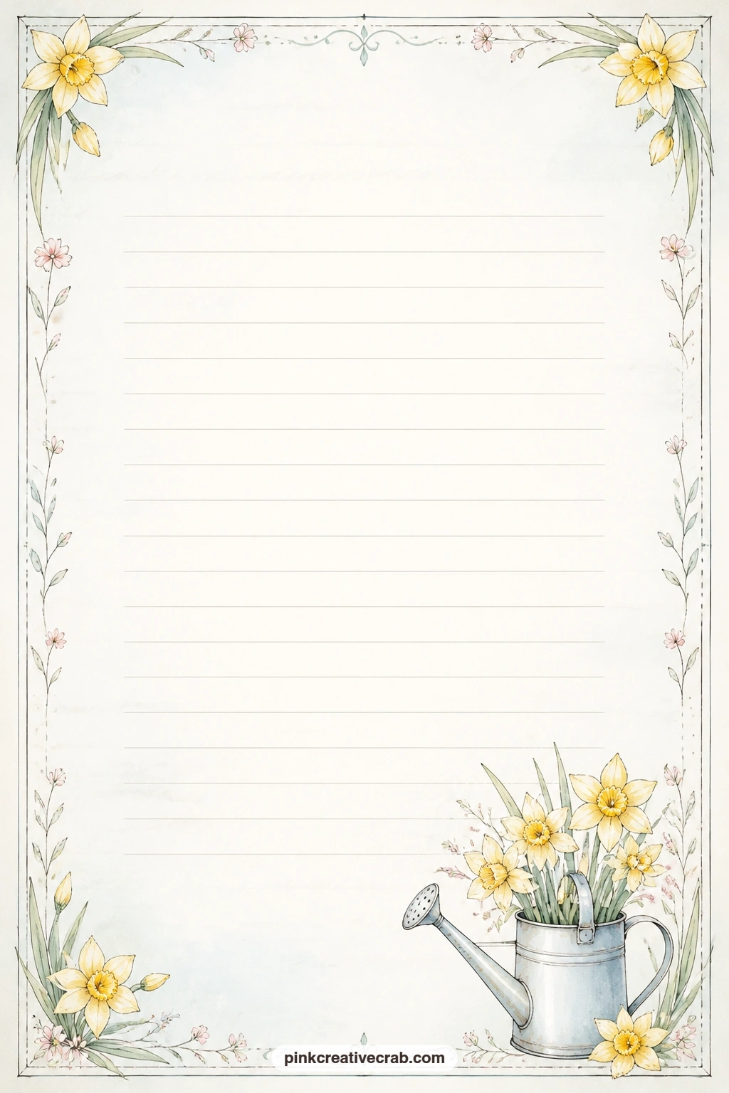 Watering Can Corner Lined Page printable page — A small watering can sits in one corner among a few daffodils, framing faint ruled lines across the page.