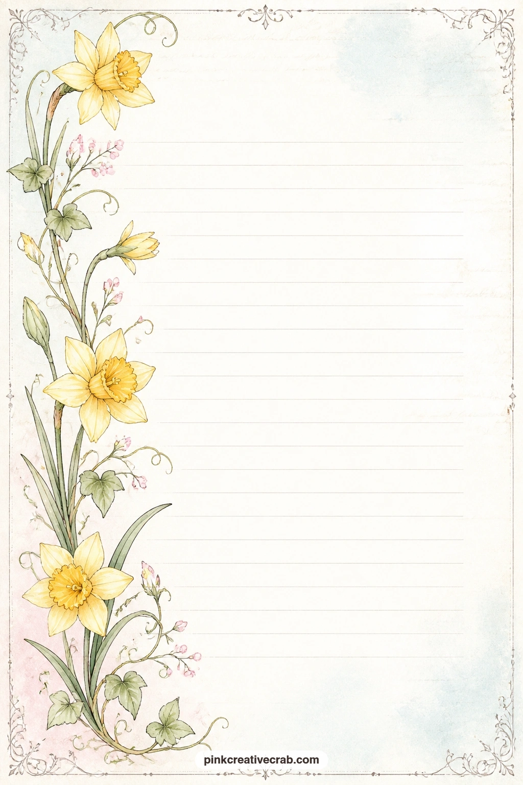 Daffodil Vine Border Lined Page printable page — A yellow daffodil vine runs down one side of the page as a border beside faint ruled lines. Daffodil junk