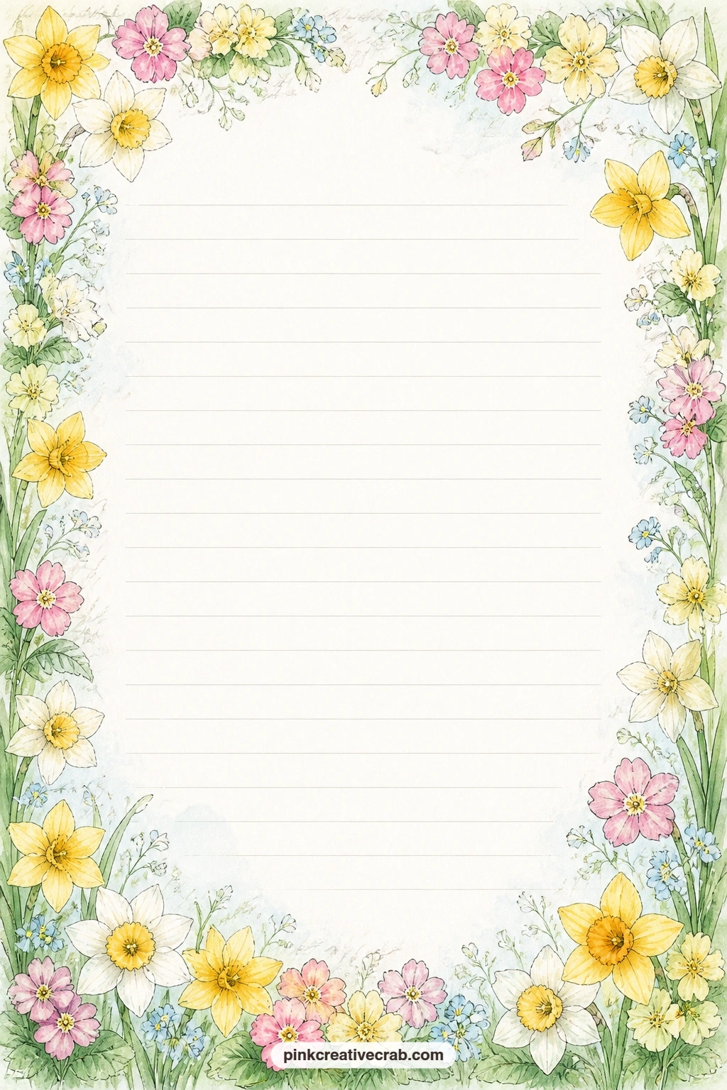Daffodil Primrose Frame Lined Page printable page — Daffodils and primroses frame the whole page in a soft border around faint ruled lines. Daffodil junk
