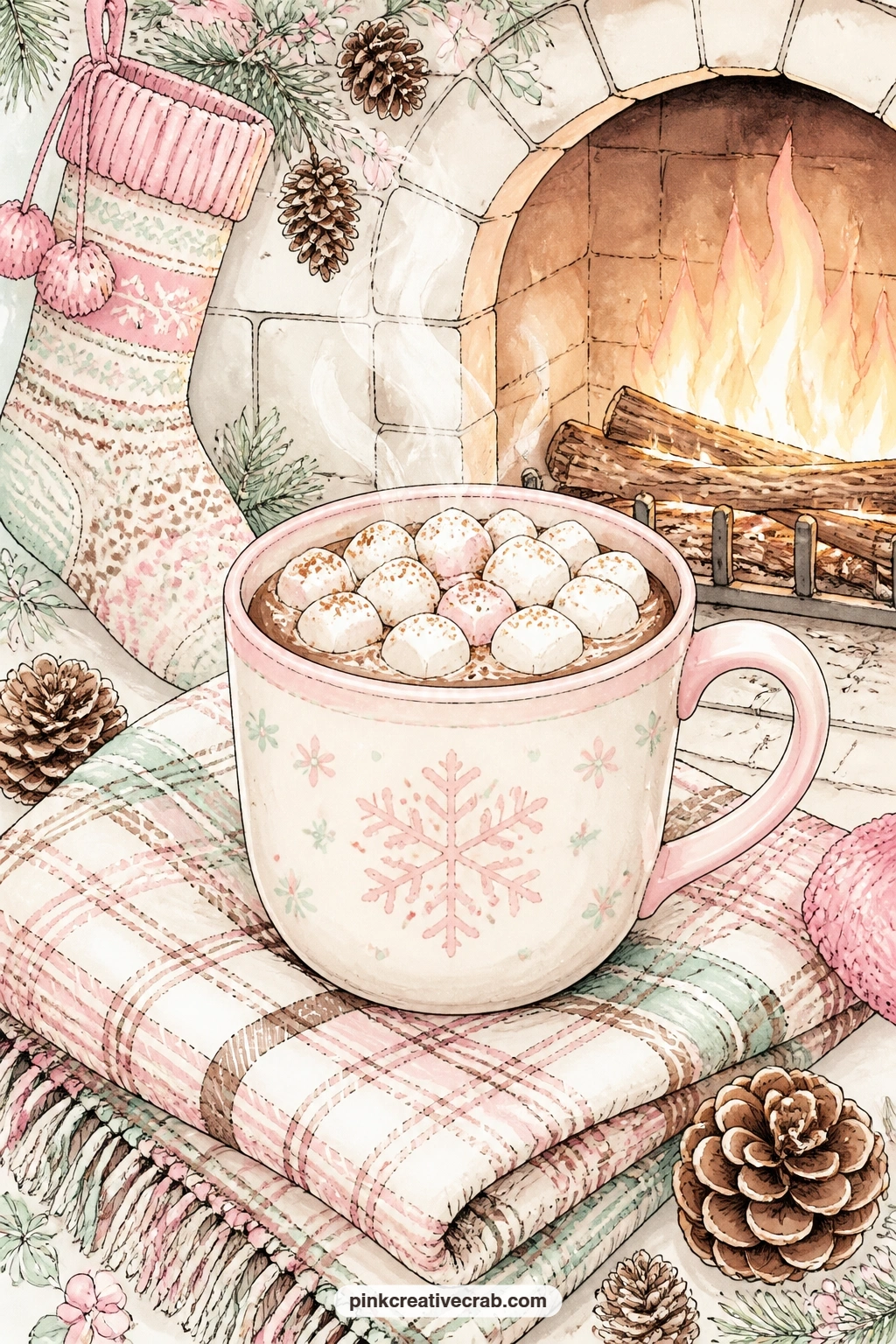 Cocoa By The Fire printable page — Picture a mug of cocoa piled high with marshmallows set on a plaid blanket, the fire glowing warm just behind it, a scene