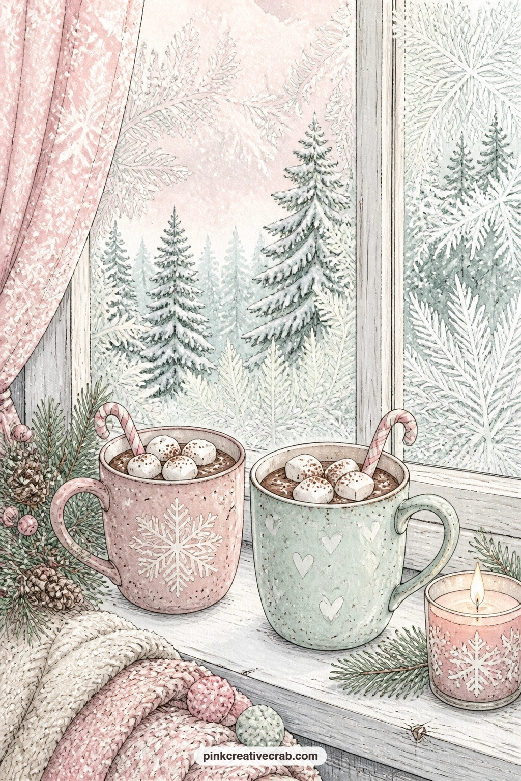 Frosted Windowsill Mugs printable page — Two mugs of cocoa sit on a frosted windowsill, steam curling against the glass while snowy pines stretch out beyond