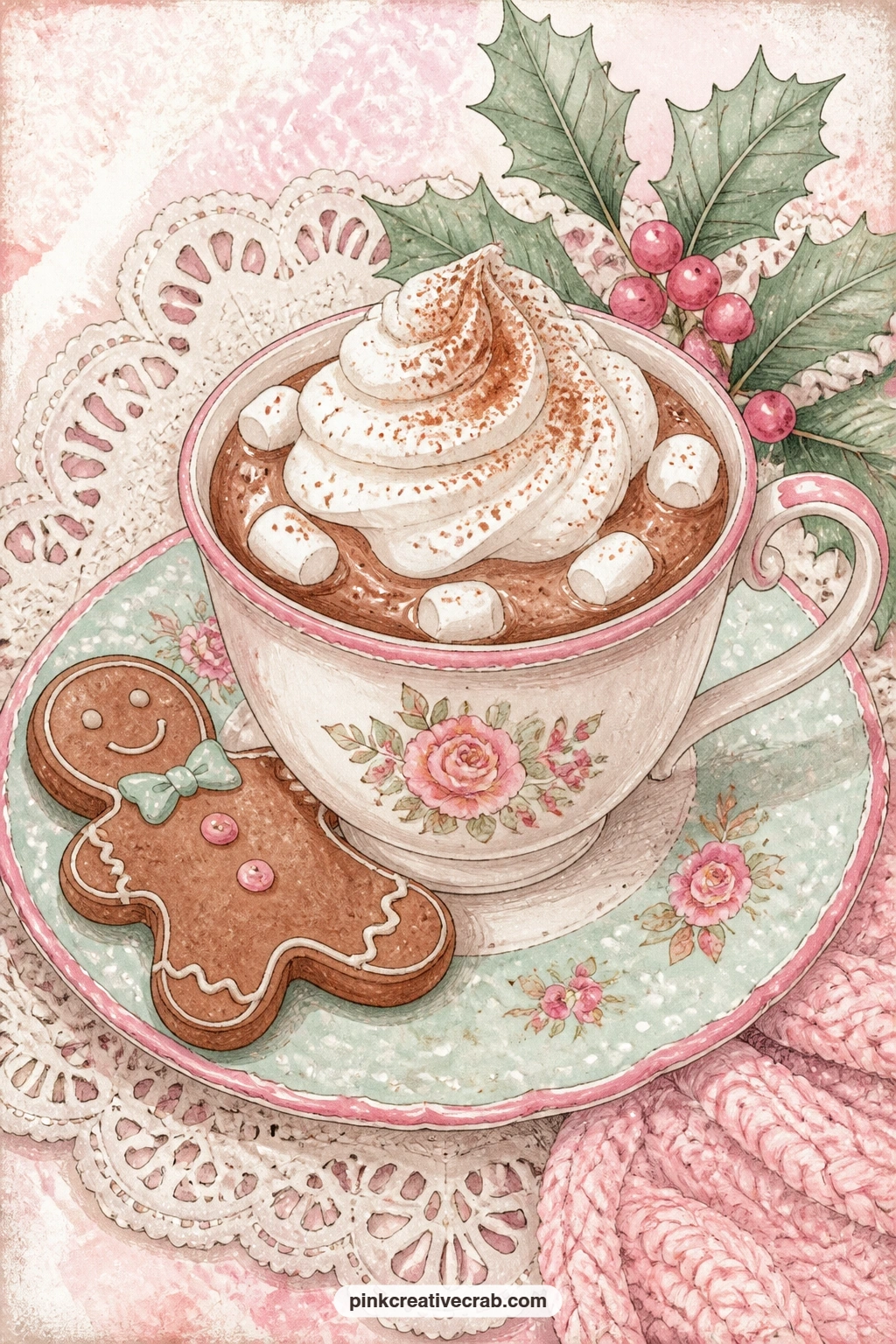 Teacup Cocoa And Gingerbread printable page — A common mistake with a delicate page like this one is crowding it with too much clutter around the teacup; keep