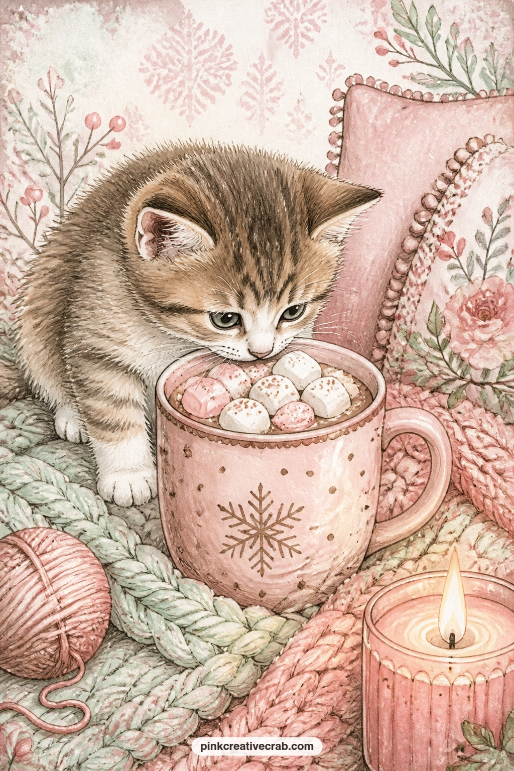 Kitten And Cocoa Mug printable page — A kitten noses curiously at a cocoa mug set on a knitted throw, a lit candle glowing just beside them both, the sort of