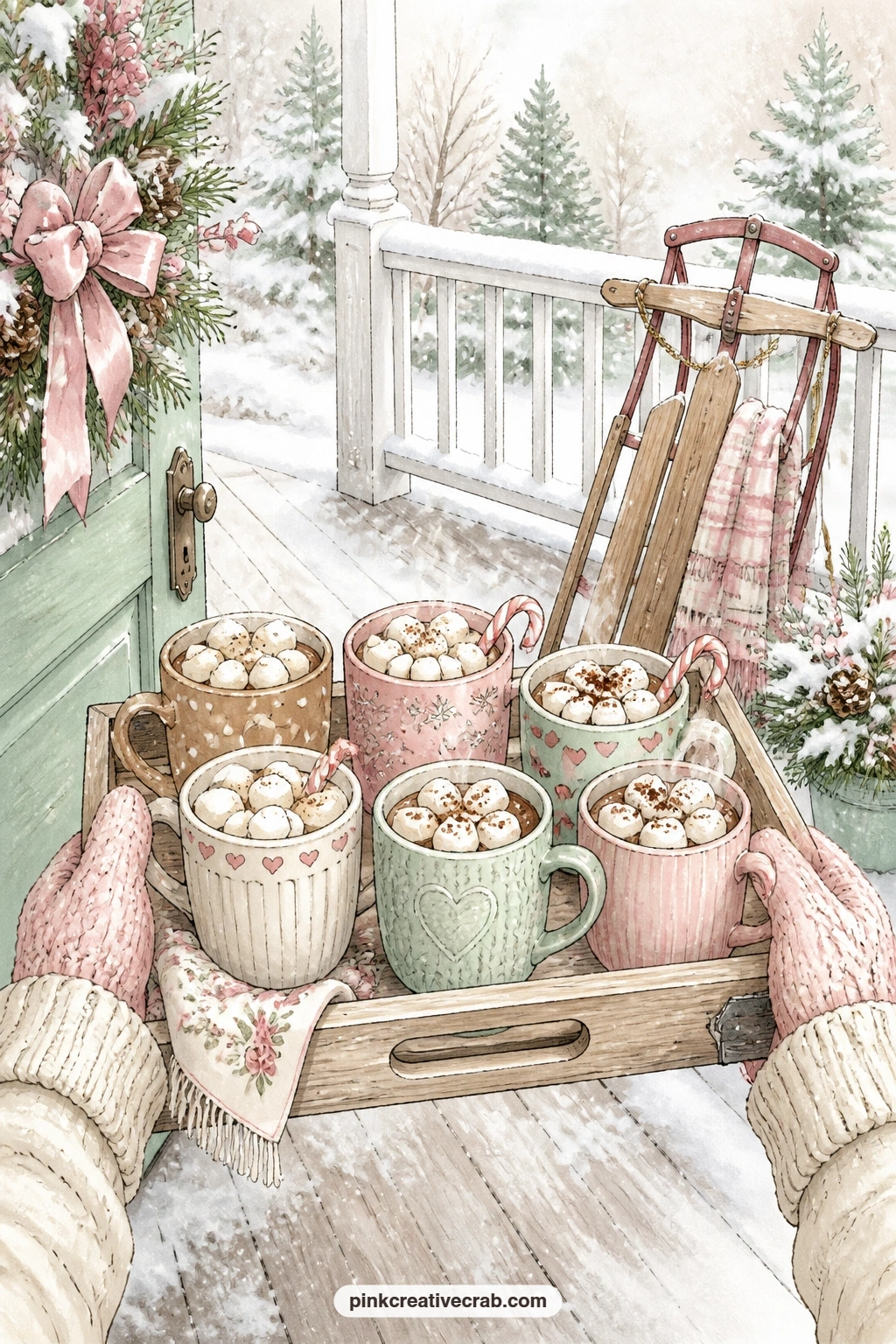 Tray Carried To The Porch printable page — A tray of cocoa mugs makes its way out to a snowy porch, a wooden sled leaning nearby, string lights glowing faintly