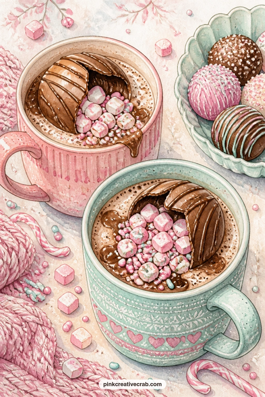 Melting Cocoa Bombs printable page — Cocoa bombs dissolve slowly into steaming mugs, pink marshmallows and sprinkles floating up through the melting chocolate