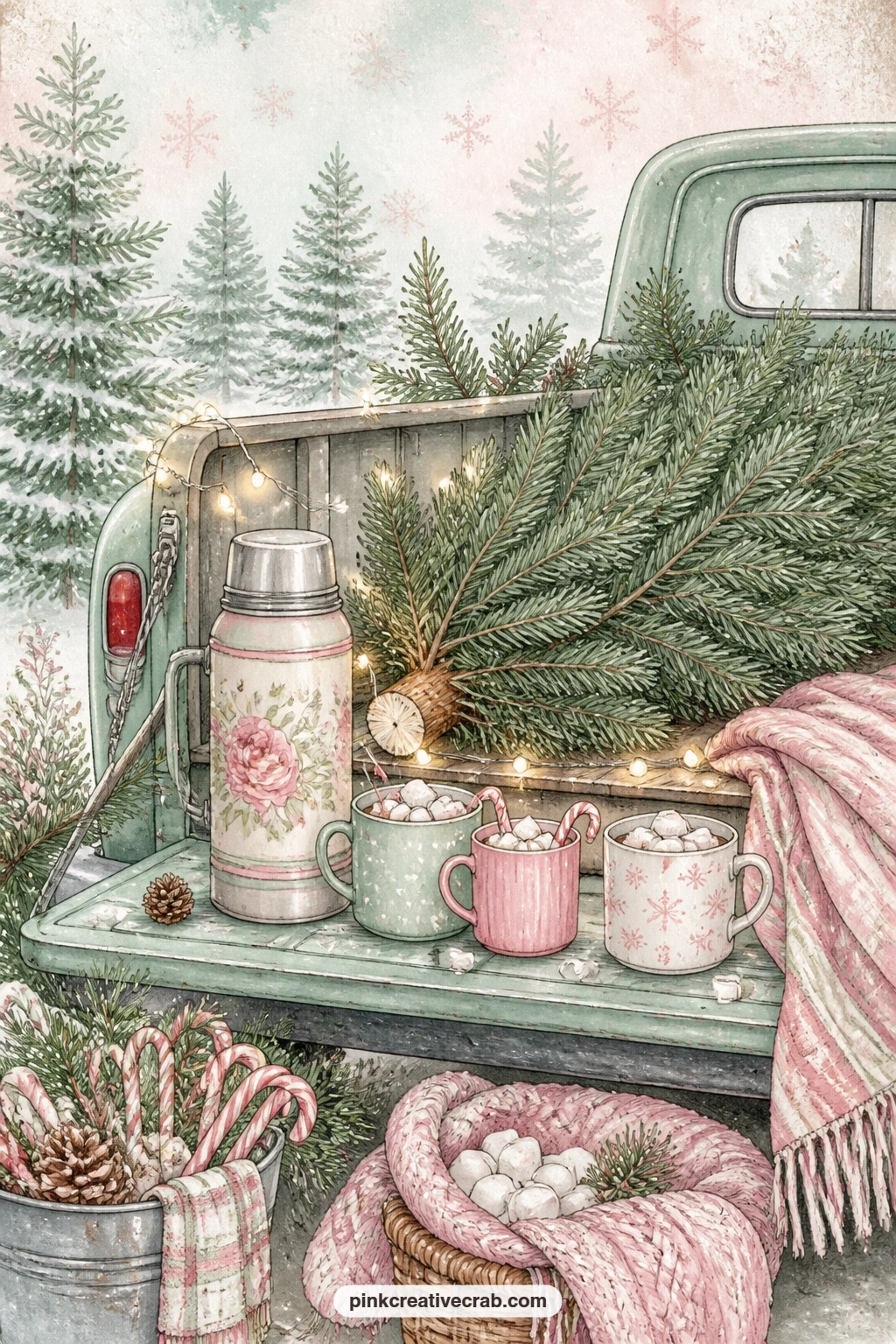Tailgate Thermos At The Tree Farm printable page — A thermos of cocoa and a few mugs sit on a truck tailgate at a Christmas tree farm, freshly cut pines