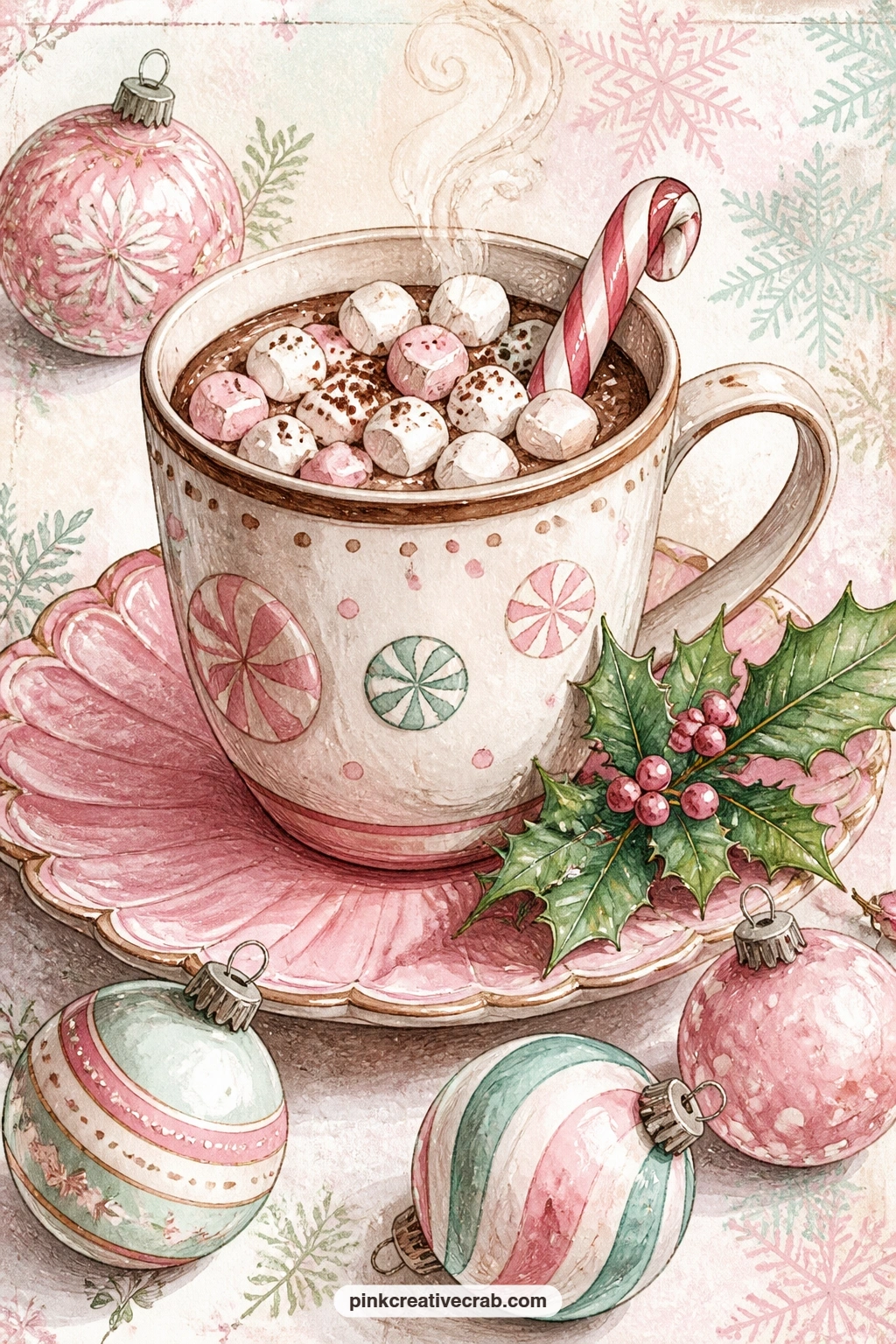 Peppermint Saucer With Ornaments printable page — Try pairing this page with the marshmallow and candy cane stirrer lined page so the peppermint theme carries