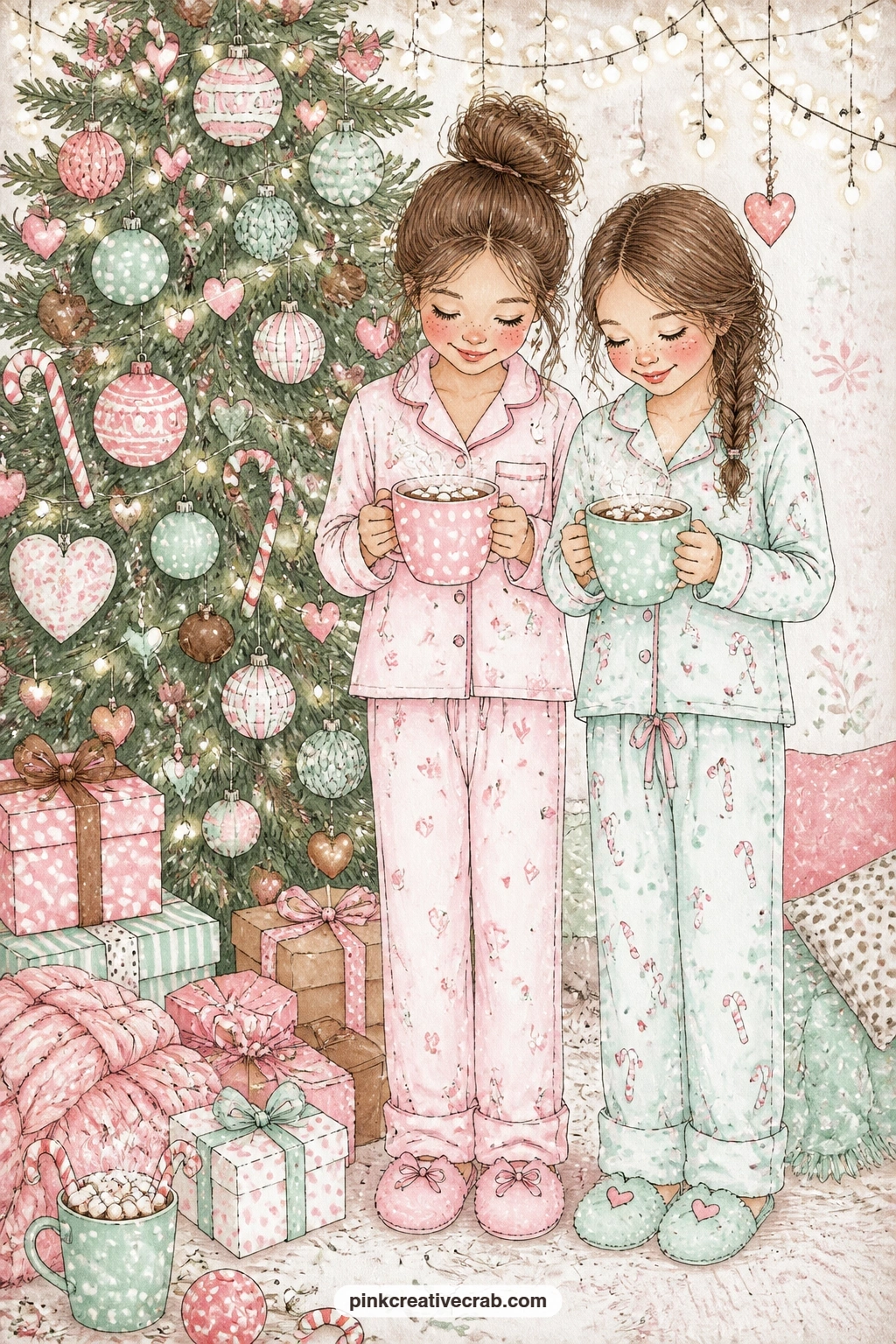 Pajama Girls By The Tree printable page — Two girls in pajamas hold mugs of cocoa beside a fully decorated Christmas tree, wrapped presents and twinkling