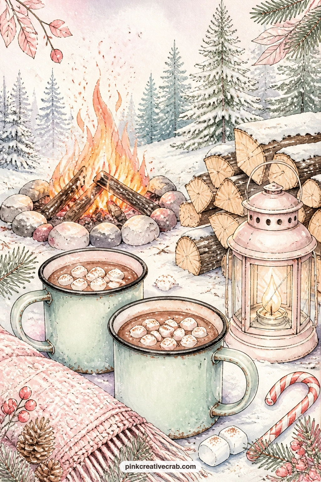 Campfire Enamel Mugs printable page — Enamel camp mugs of cocoa warm by a crackling campfire set in a snowy clearing, a stack of firewood and a lantern glowing