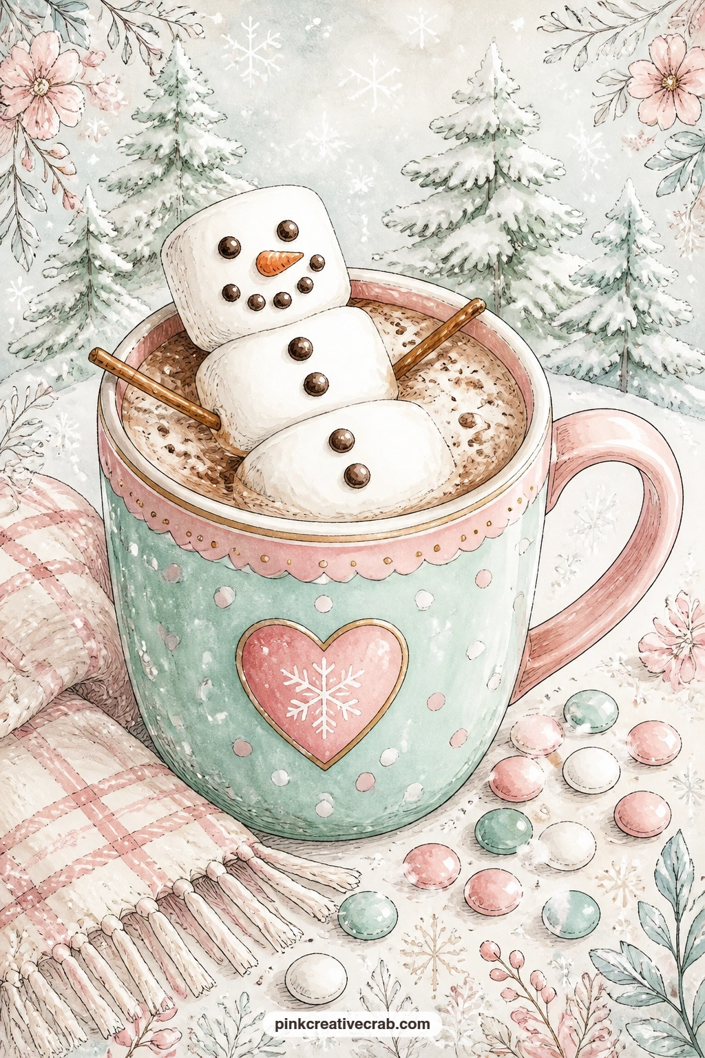 Marshmallow Snowman Mug printable page — A pastel mug of cocoa gets topped with a marshmallow snowman, a cheerful detail that suits a page for a child's