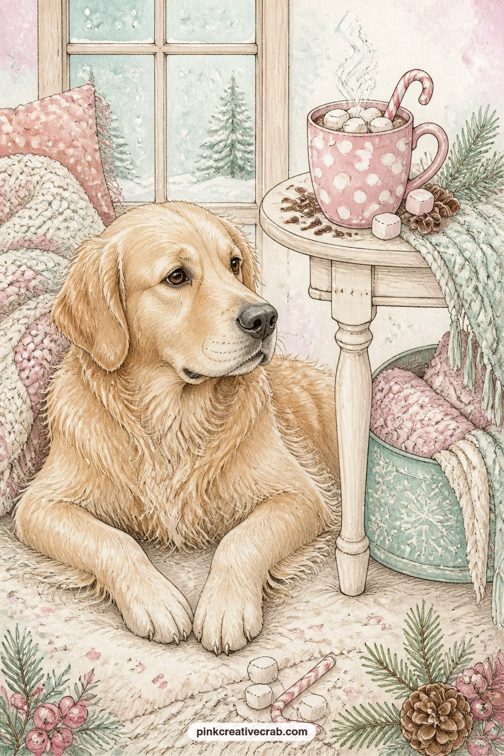 Golden Retriever By The Table printable page — A golden retriever rests beside a side table holding a cocoa mug, a soft rug and a window of falling snow