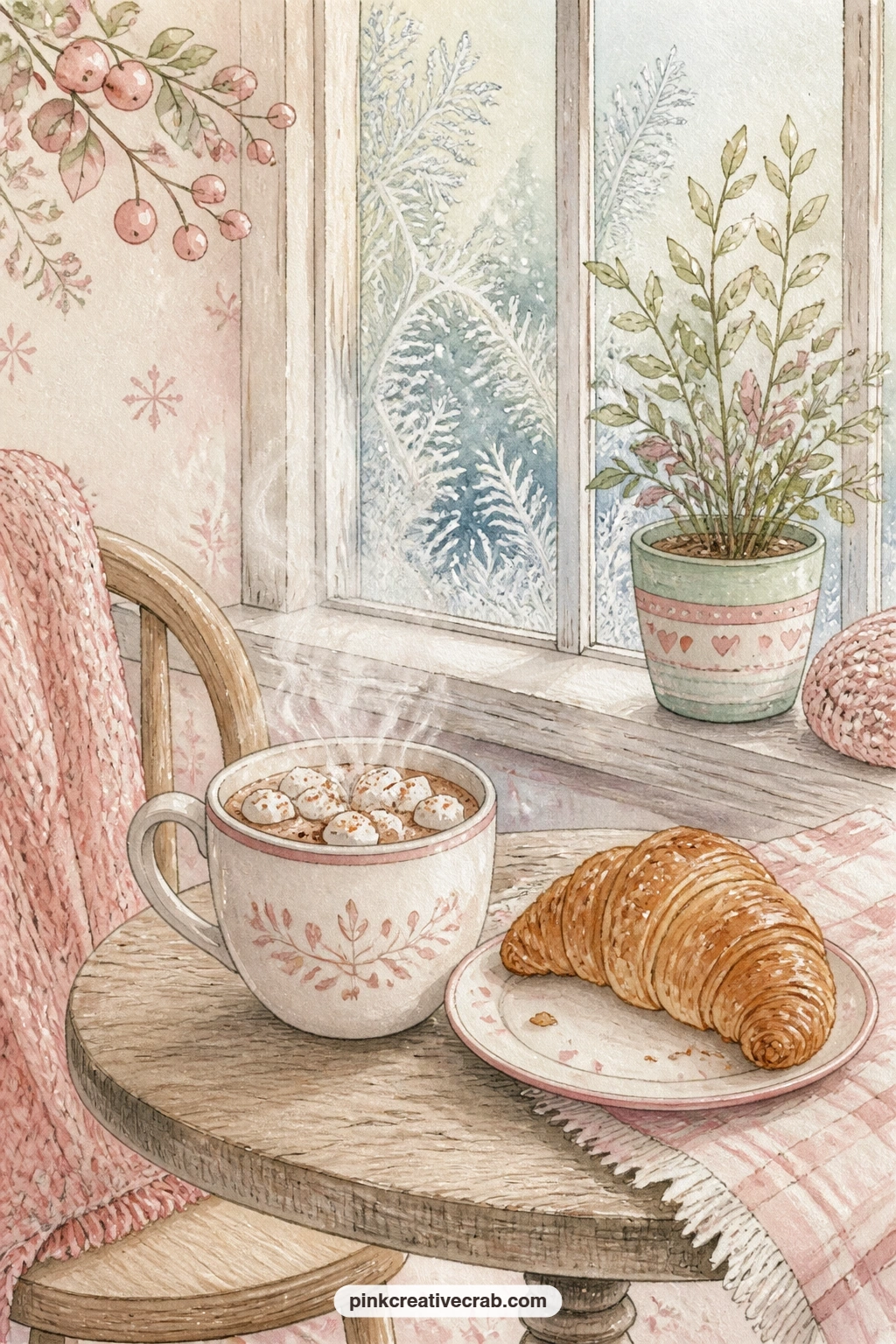 Cafe Table By The Frosty Window printable page — Place this page in a spread beside the cocoa bar page from earlier in the set, letting the cafe scene feel