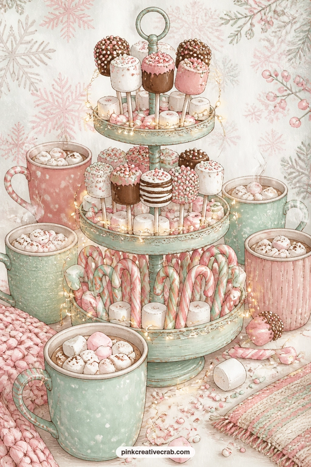 Tiered Stand Of Marshmallow Pops printable page — Cocoa mugs gather around a tiered stand loaded with marshmallow pops and candy canes, a festive little