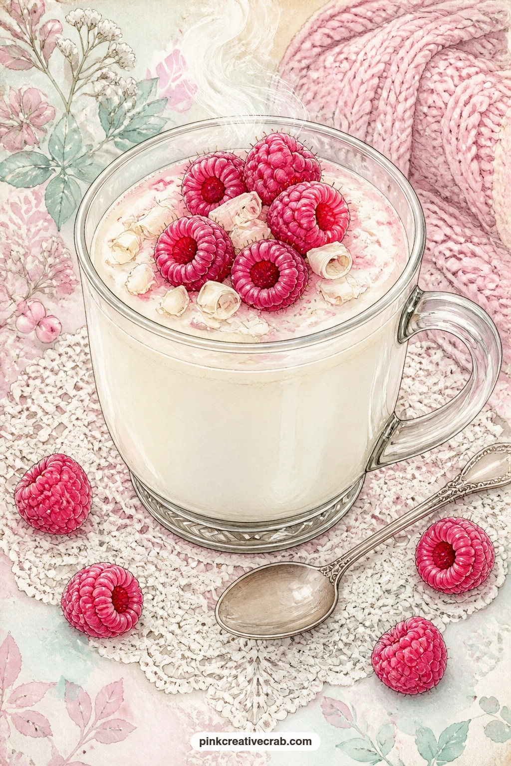 White Hot Chocolate With Raspberries printable page — White hot chocolate topped with fresh raspberries sits in a glass mug on delicate lace, a softer and
