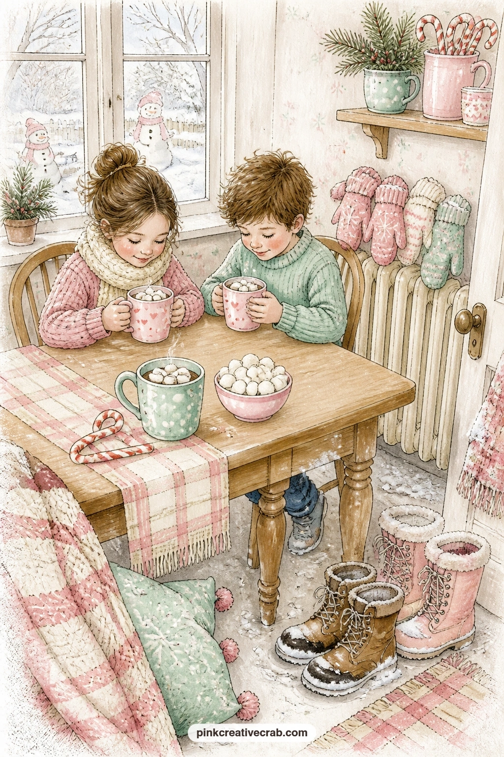 Kitchen Table After Sledding printable page — Kids sip cocoa around a kitchen table while mittens dry nearby, boots kicked off by the door, the whole page
