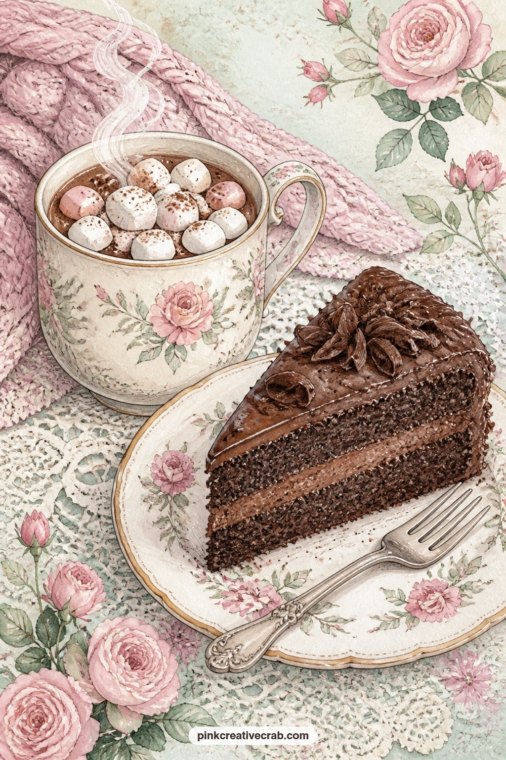 Cocoa And Chocolate Cake printable page — A mug of cocoa pairs with a slice of chocolate cake on a vintage china plate, a small fork resting beside it for a