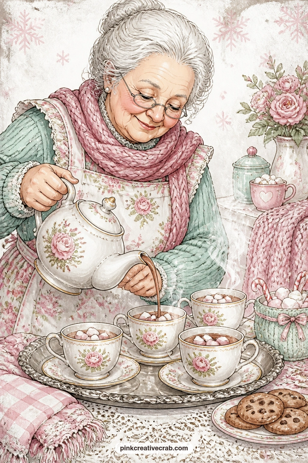 Grandmother Pouring Cocoa printable page — Grandmother pours cocoa from a porcelain pot into floral cups set on a tray, a scene that fits best in a gift