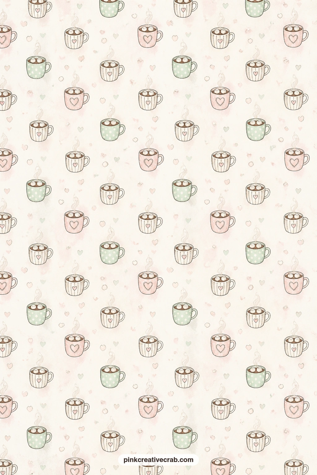 Tiny Mugs Cream Pattern printable page — This soft cream pattern of tiny cocoa mugs and marshmallows works well as a lining for pockets, a backdrop behind