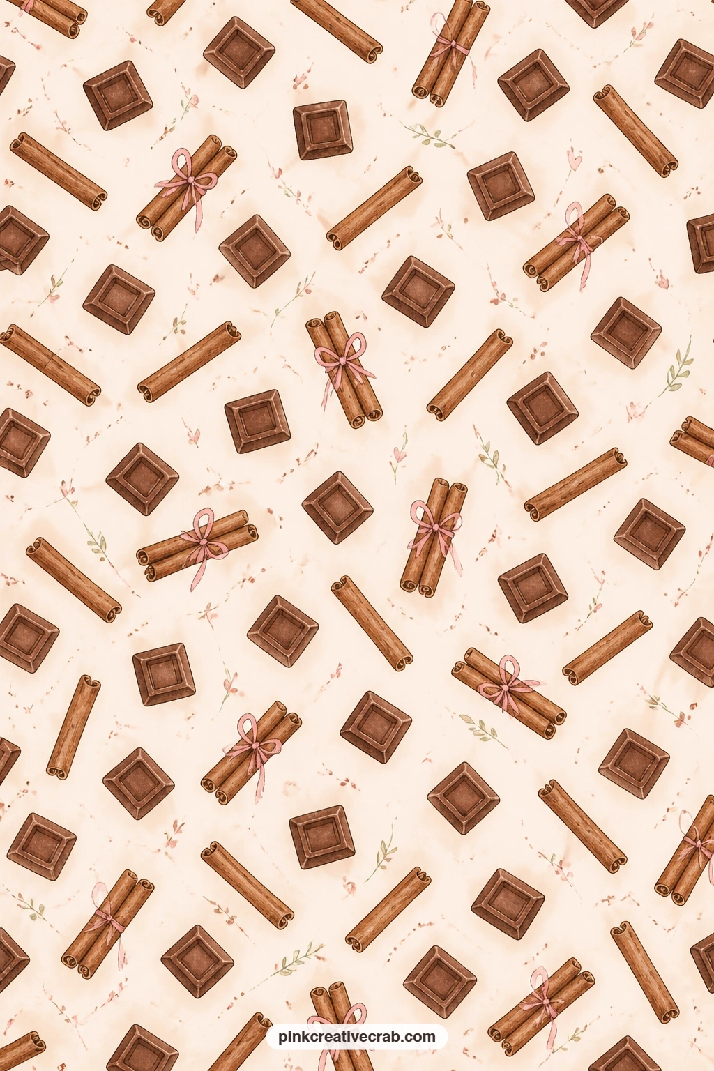 Caramel Cinnamon Pattern printable page — This caramel toned pattern of chocolate squares and cinnamon sticks suits a cover wrap, a pocket for recipe cards, or