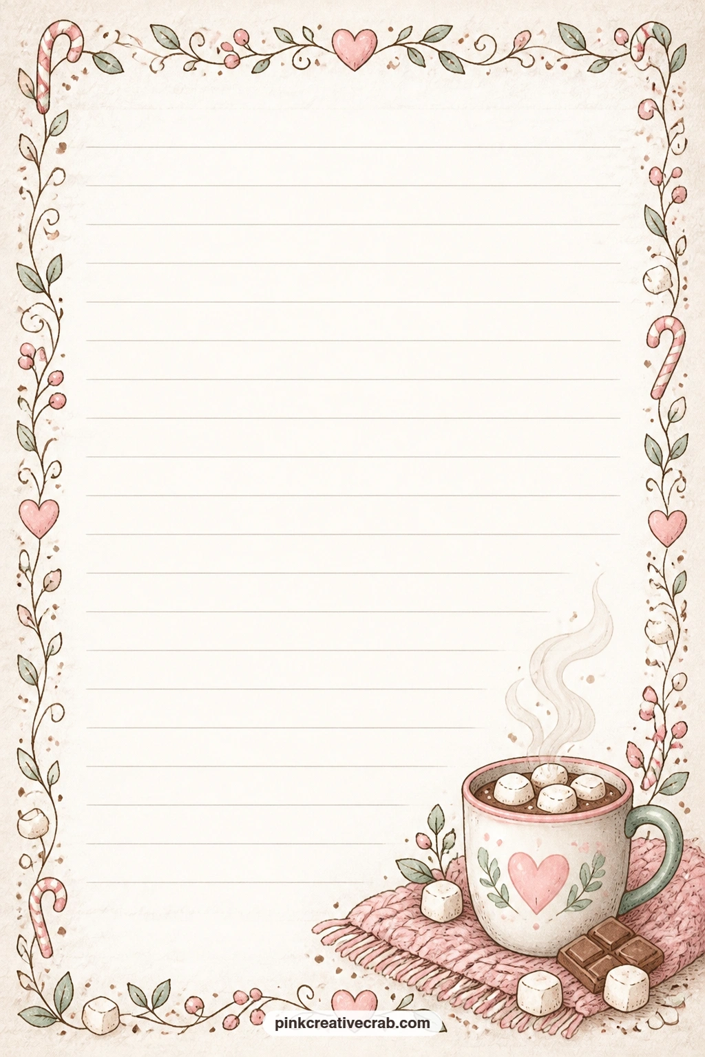 Steaming Mug Corner Lined Page printable page — Use this corner bordered page for a gift list of who gets cocoa mix this year, a short menu for a cocoa bar
