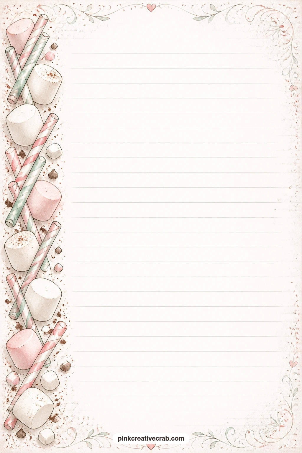 Candy Cane Stirrer Lined Page printable page — This border of marshmallows and candy cane stirrers suits a recipe for your favourite cocoa, a list of winter