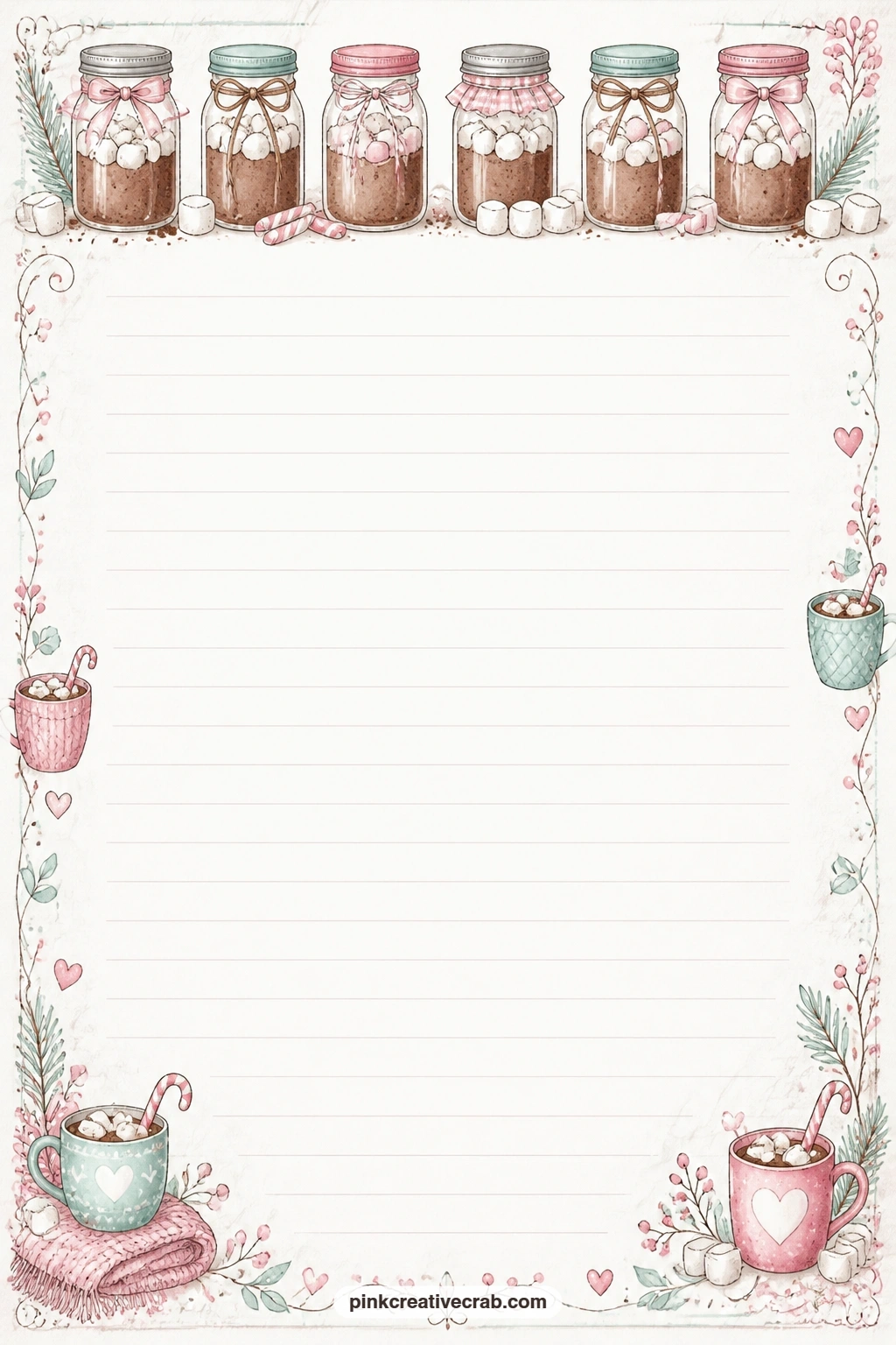 Cocoa Bar Jars Lined Page printable page — Jars of cocoa mix line the top of this page, leaving room below for a shopping list of mix-ins, notes from a cocoa