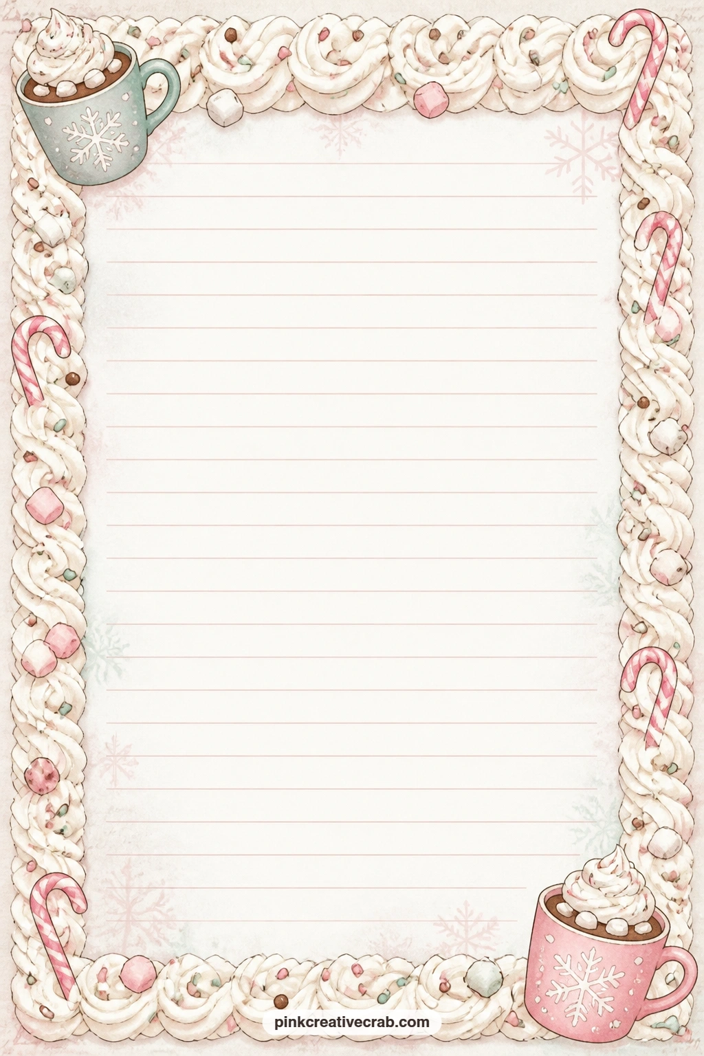 Whipped Cream Frame Lined Page printable page — A frame of whipped cream swirls and sprinkles surrounds this page, perfect for a gift list, a short cocoa