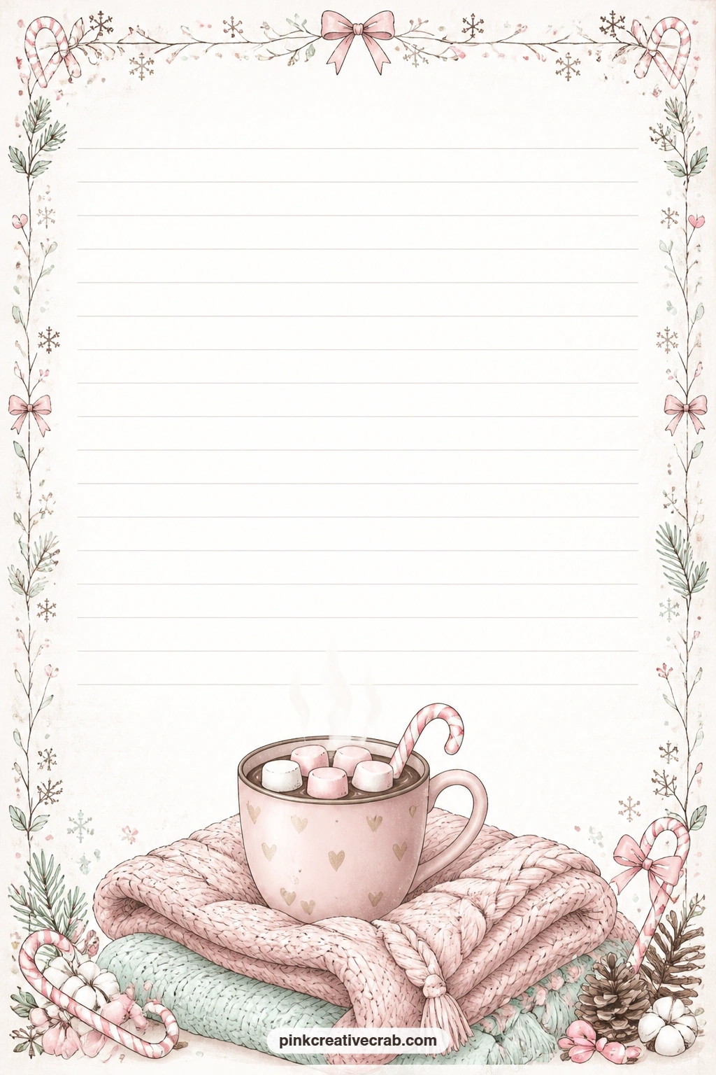 Fireside Blanket Bottom Border Lined Page printable page — A fireside mug and a folded knitted blanket sit along the bottom border of this page, leaving space