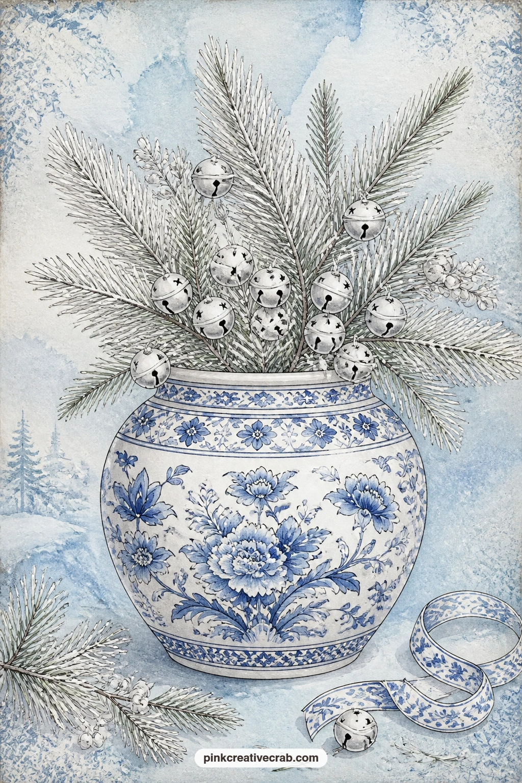 Ginger Jar With Pine and Bells printable page — A blue and white ginger jar filled with white pine and silver bells sets the quiet, elegant tone for the whole