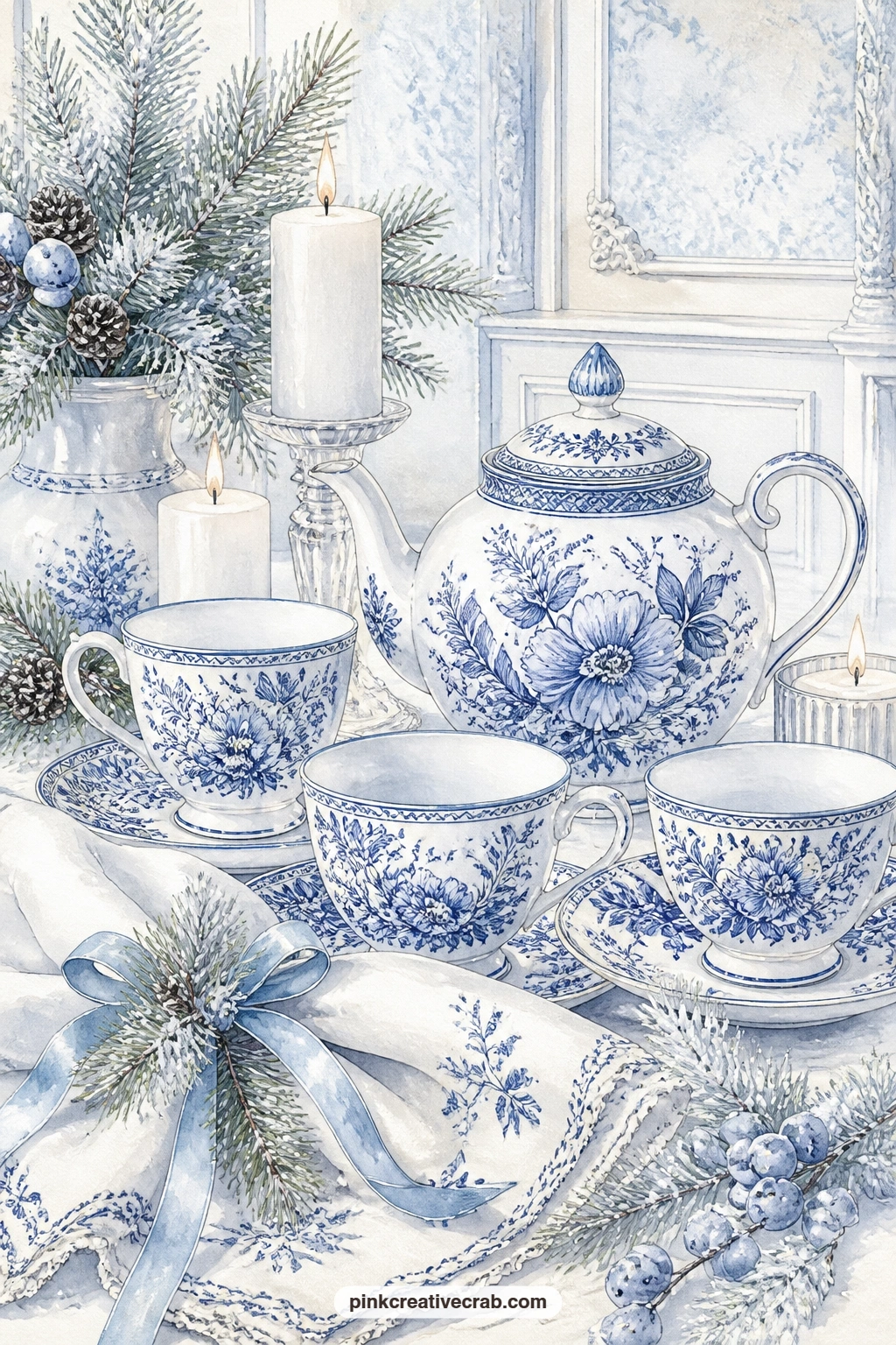 Delft Teacups and Teapot printable page — Tuck a real recipe card for mulled cider or shortbread under the teapot handle on this page, or copy out a favourite
