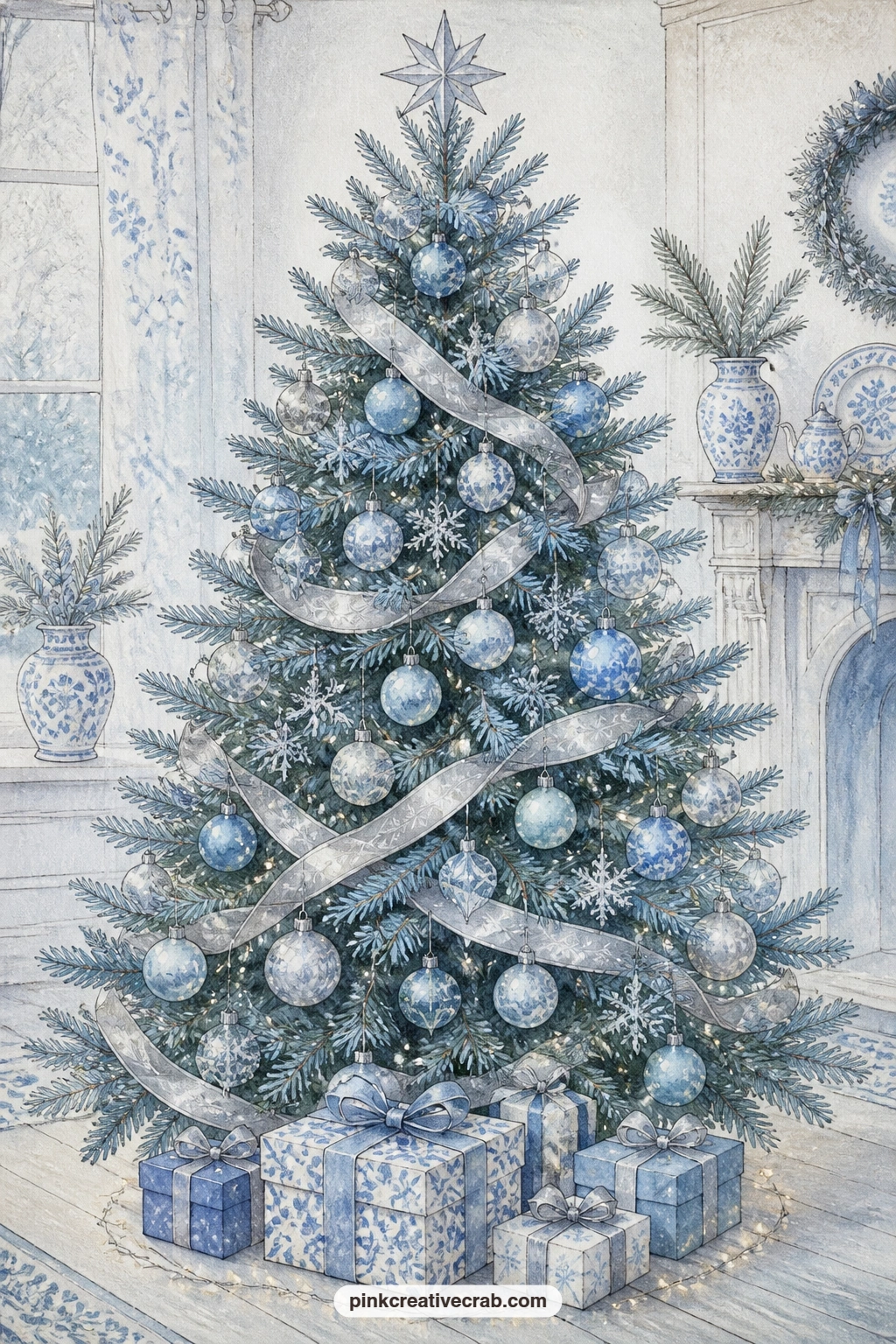 Trimmed Blue Spruce Tree printable page — Pair this page with the delft tile pattern background later in the set, using a strip of it as a frame or a pocket