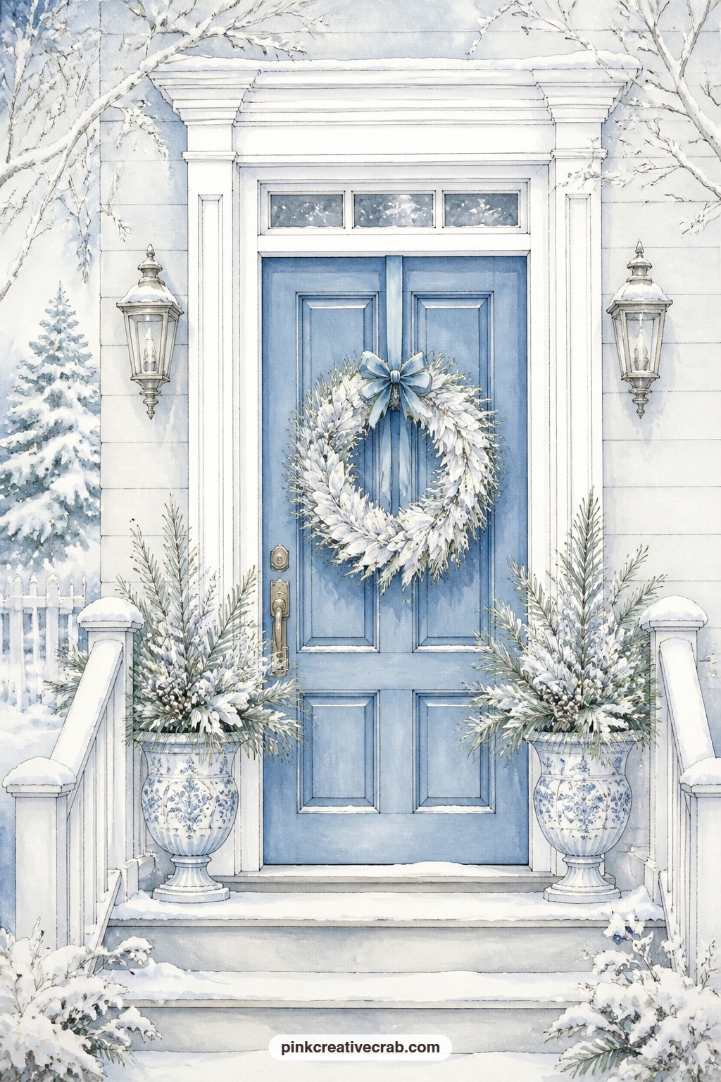 Blue Front Door With Wreath printable page — The usual mistake with a door page like this is leaving the step and path bare, so carry the snow right down to