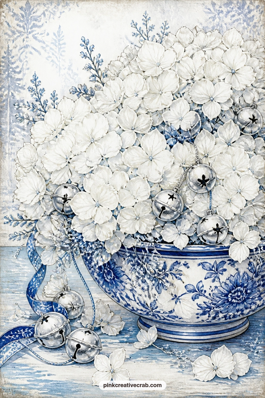 White Hydrangeas and Silver Bells printable page — What would you write on the tag tied to this arrangement if it sat on your own table this year, a wish for