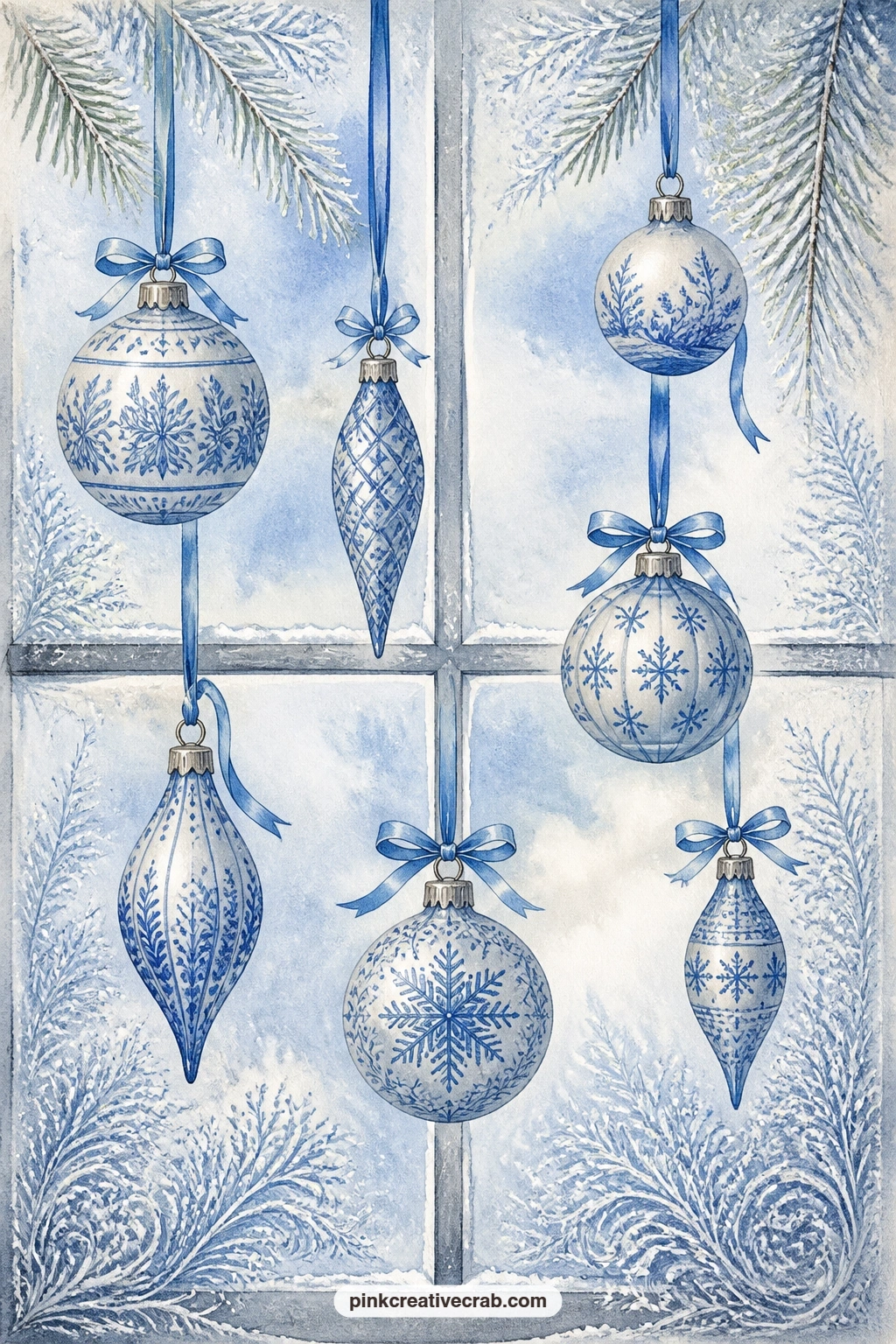 Frosted Window With Ornaments printable page — Try tea-staining just the outer edge of this page before gluing it in, since the warm tint against the cool blue