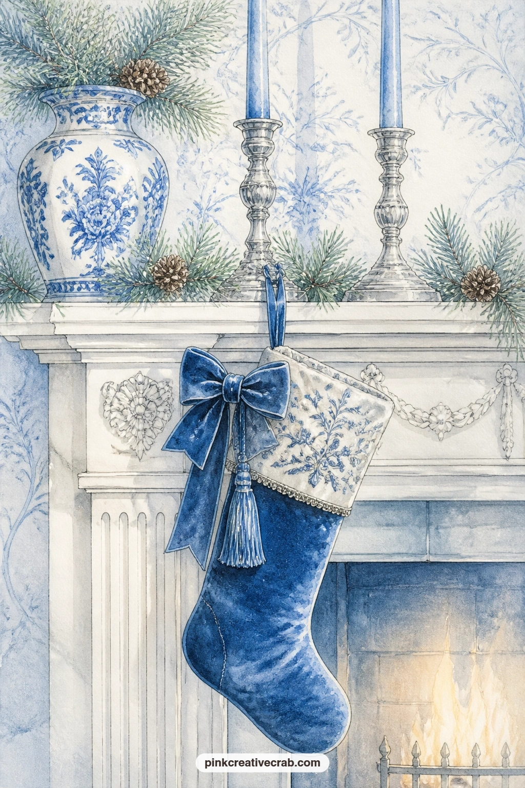 Blue Velvet Stocking on Mantel printable page — A single blue velvet stocking hangs from a white mantel between tall silver candlesticks, with sprigs of pine