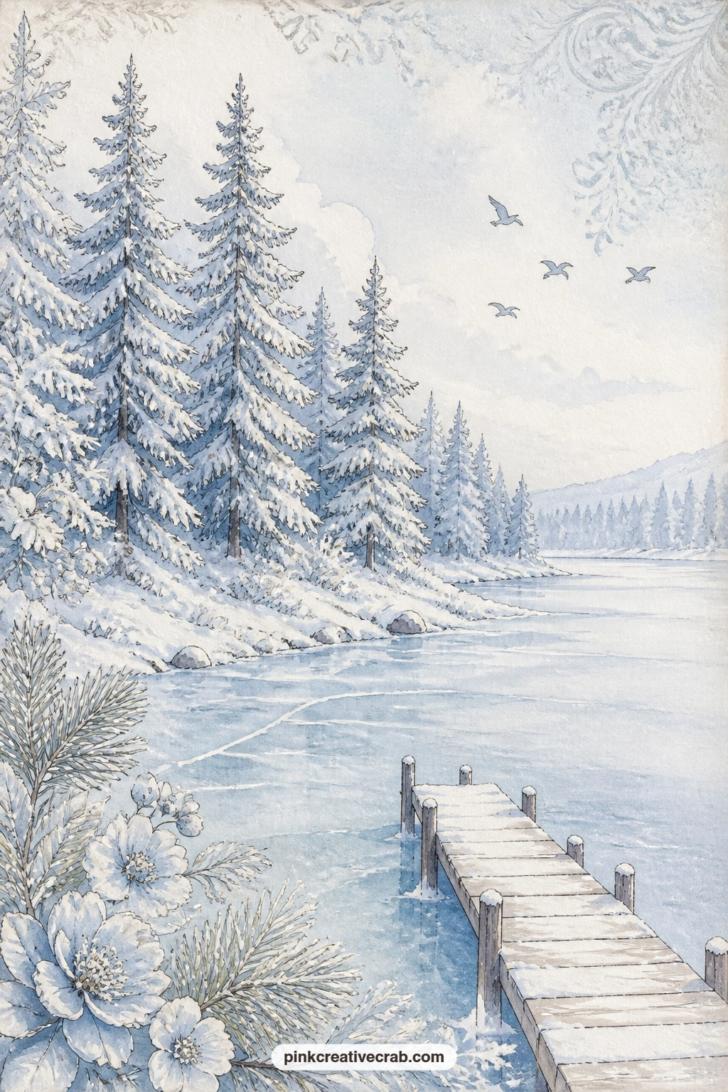 Snowy Pines by a Frozen Lake printable page — Set this scene across from the chinoiserie pine background later in the kit, letting the pattern page act as a