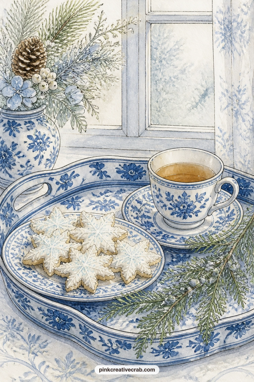 Blue and White Tea Tray printable page — Glue a small paper doily or a real sugar cookie wrapper onto this tray page to give the scene a little texture under