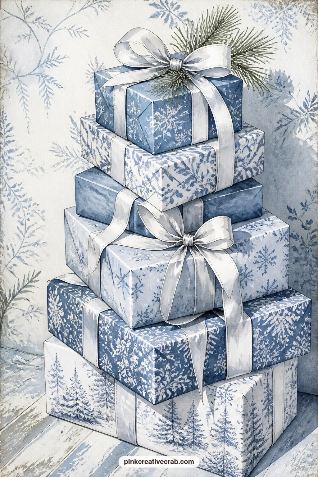 Stack of Blue Wrapped Gifts printable page — Five minutes is enough for this one: sketch a loose stack of three boxes in blue paper with white satin bows, add