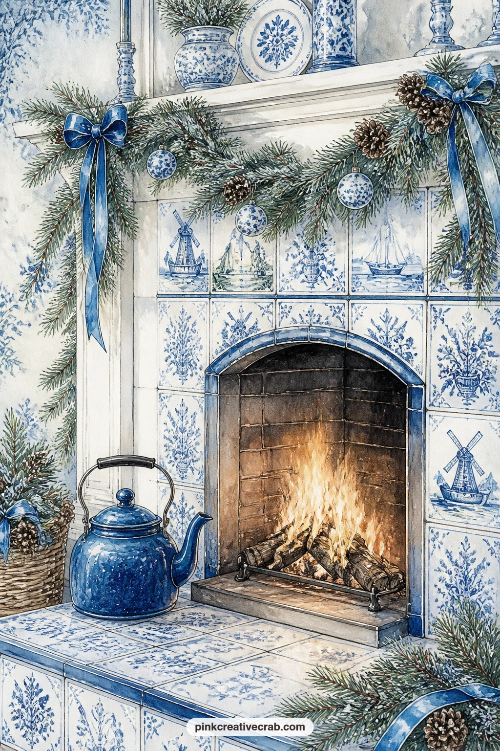 Delft Tile Fireplace printable page — The frame of hand painted delft tiles around this fireplace gives it a different character from the mantel page already