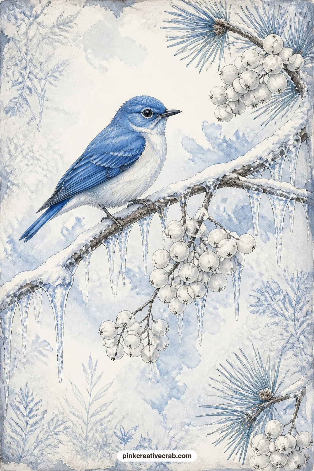Blue Songbird on Frosted Branch printable page — A small blue songbird perches on a snowy branch hung with thin icicles and clusters of white berries, the