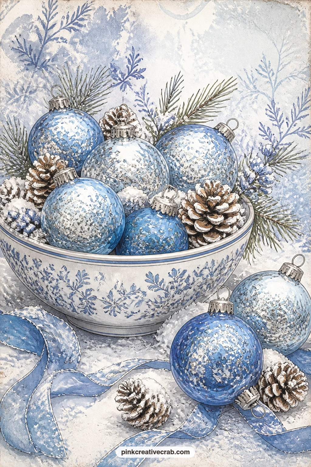 Blue Mercury Glass Ornaments printable page — This bowl of ornaments works well as a corner vignette, so if you want the five minute version, paint just the