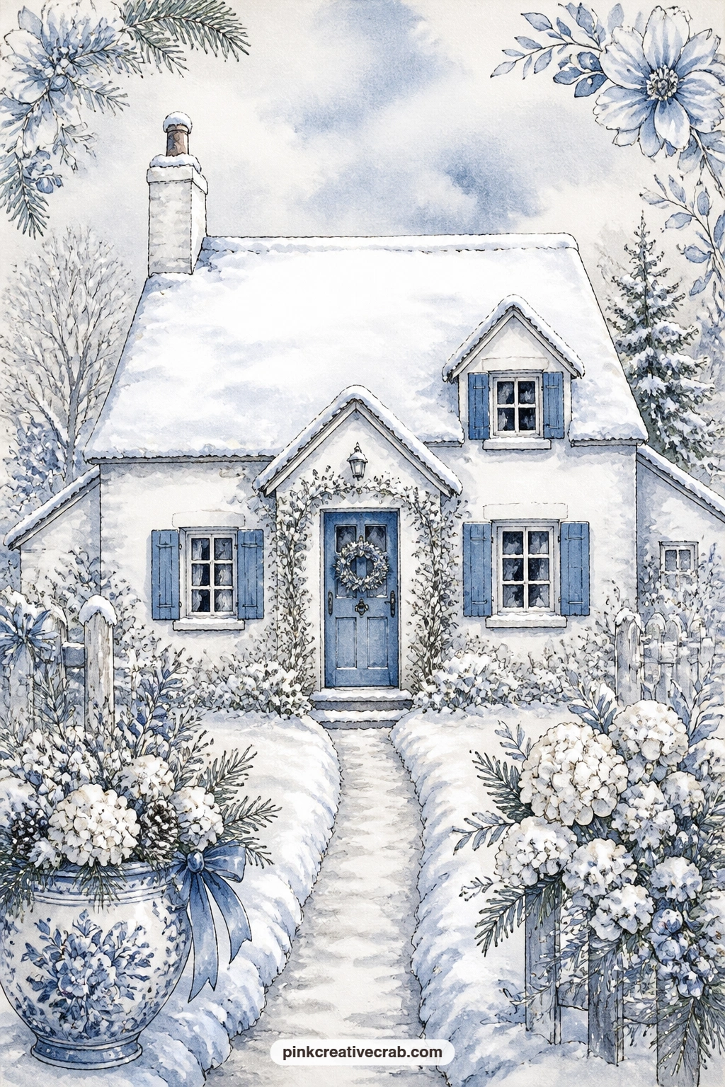 White Cottage With Blue Shutters printable page — A small white cottage with blue shutters sits under a soft blanket of snow on its roof, smoke drifting from