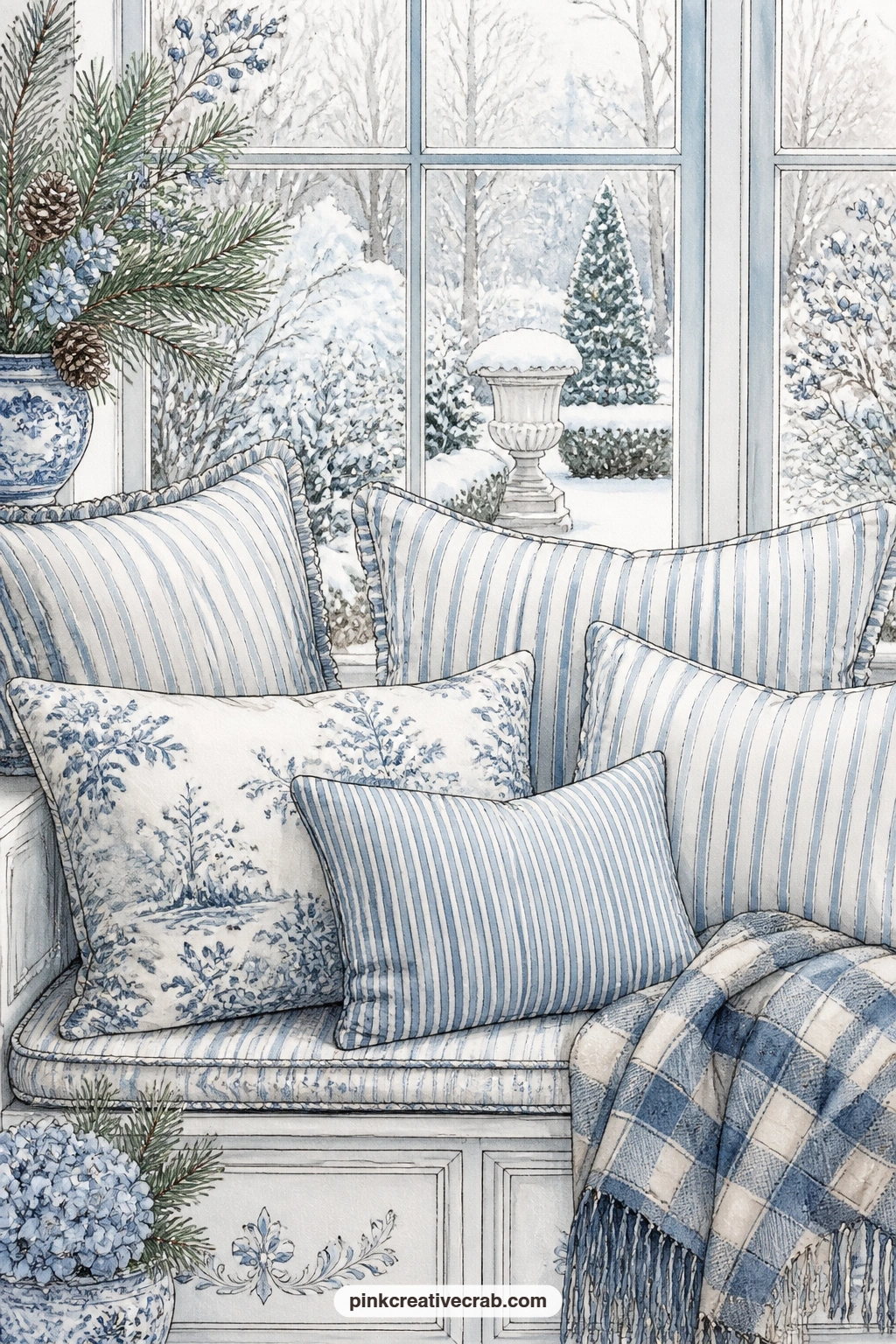 Ticking Pillows on Window Seat printable page — Place this one beside the ticking stripe background paper further on, using a torn strip of that pattern as a