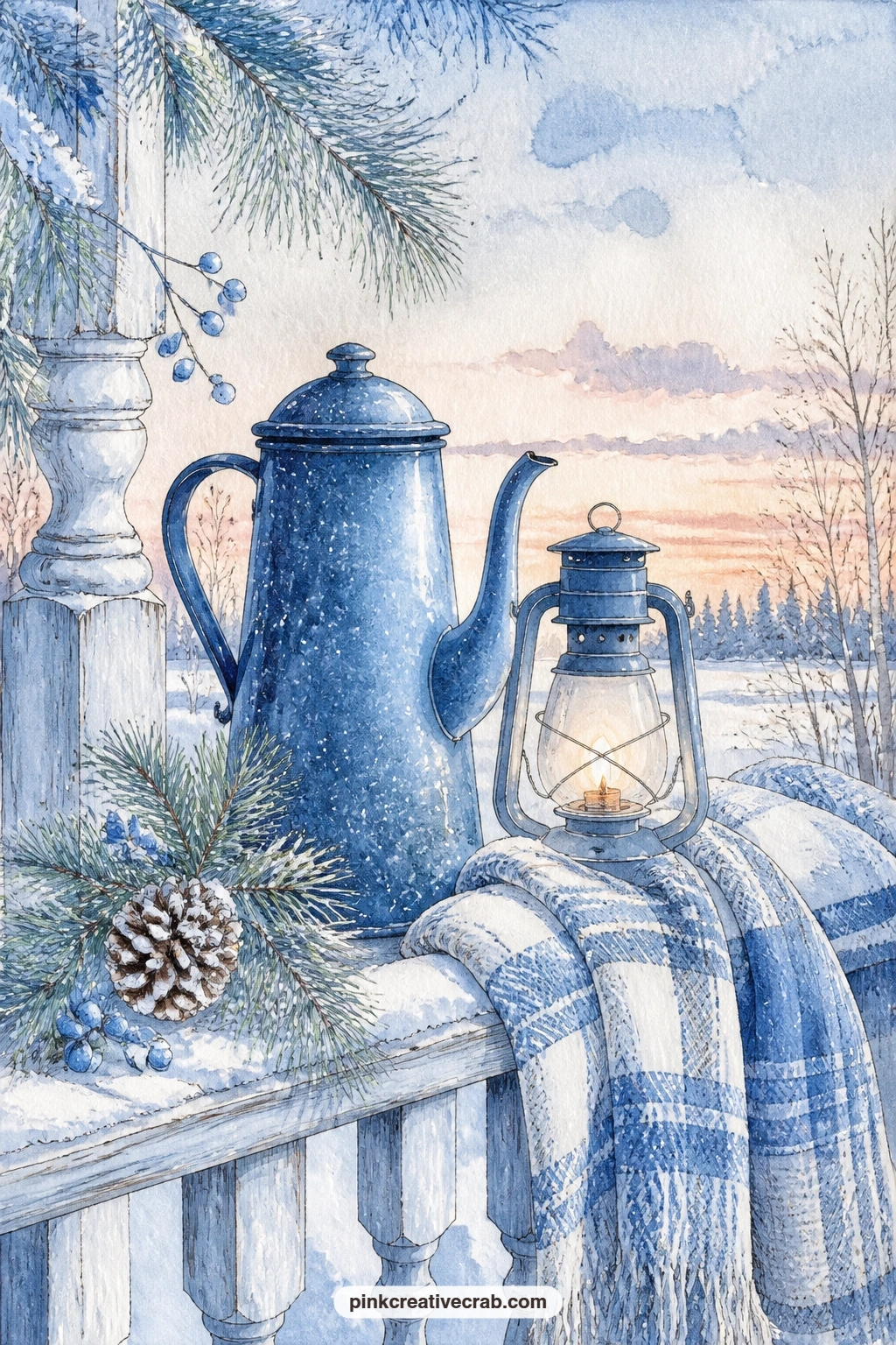 Blue Enamel Coffee Pot on Porch printable page — A blue enamel coffee pot rests on a snowy porch rail beside a glowing lantern, with a few pine sprigs and a