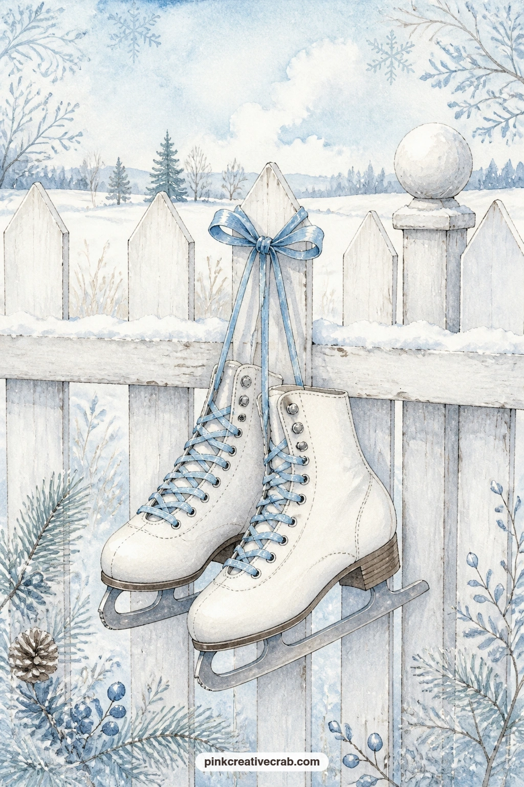 Ice Skates on White Fence printable page — A pair of ice skates with blue laces hangs from a white picket fence, snow piled along the rail and a few loose