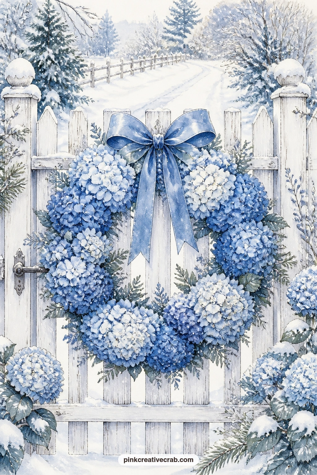 Blue Hydrangea Wreath on Gate printable page — Try a small fold-out flap on this page: cut the gate in two along the centre post so it opens like a real gate